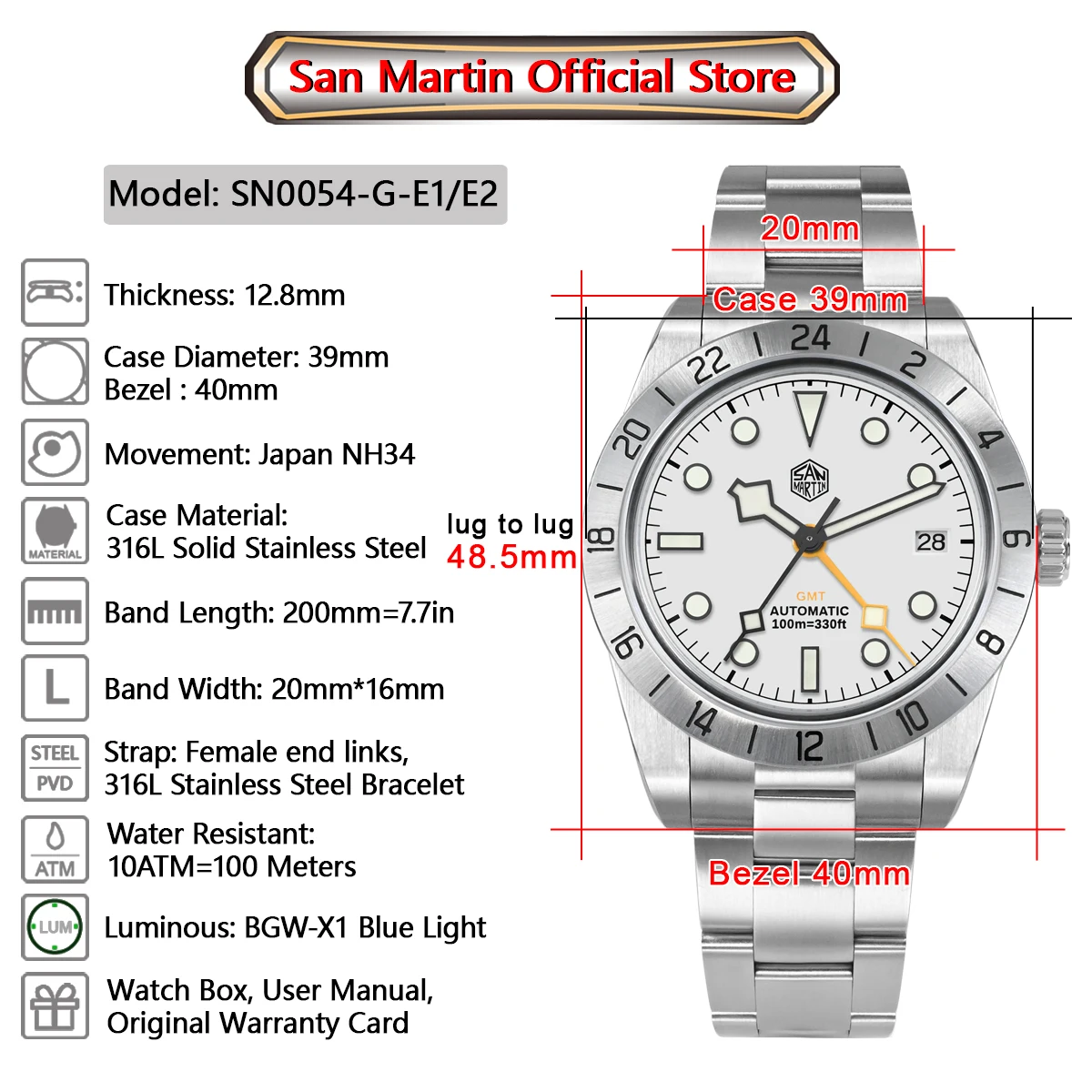 San Martin Upgraded 38.3mm BB GMT Hangzhou 6460 Men Automatic Mechanical Watches Sport Sapphire Luminous Waterproof 100m SN0054