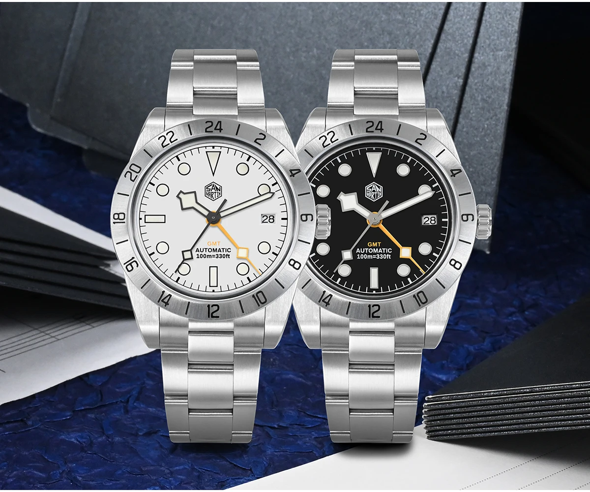 San Martin Upgraded 38.3mm BB GMT Hangzhou 6460 Men Automatic Mechanical Watches Sport Sapphire Luminous Waterproof 100m SN0054