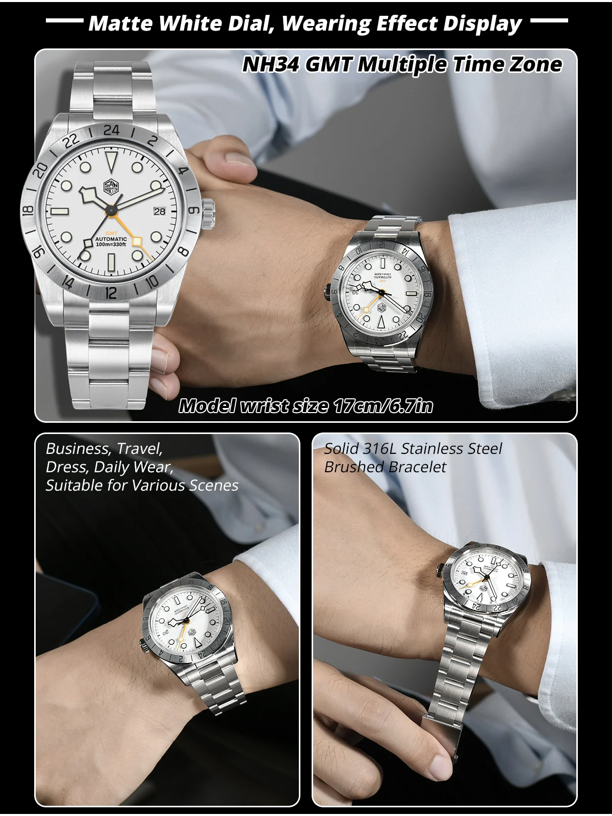 San Martin Upgraded 38.3mm BB GMT Hangzhou 6460 Men Automatic Mechanical Watches Sport Sapphire Luminous Waterproof 100m SN0054