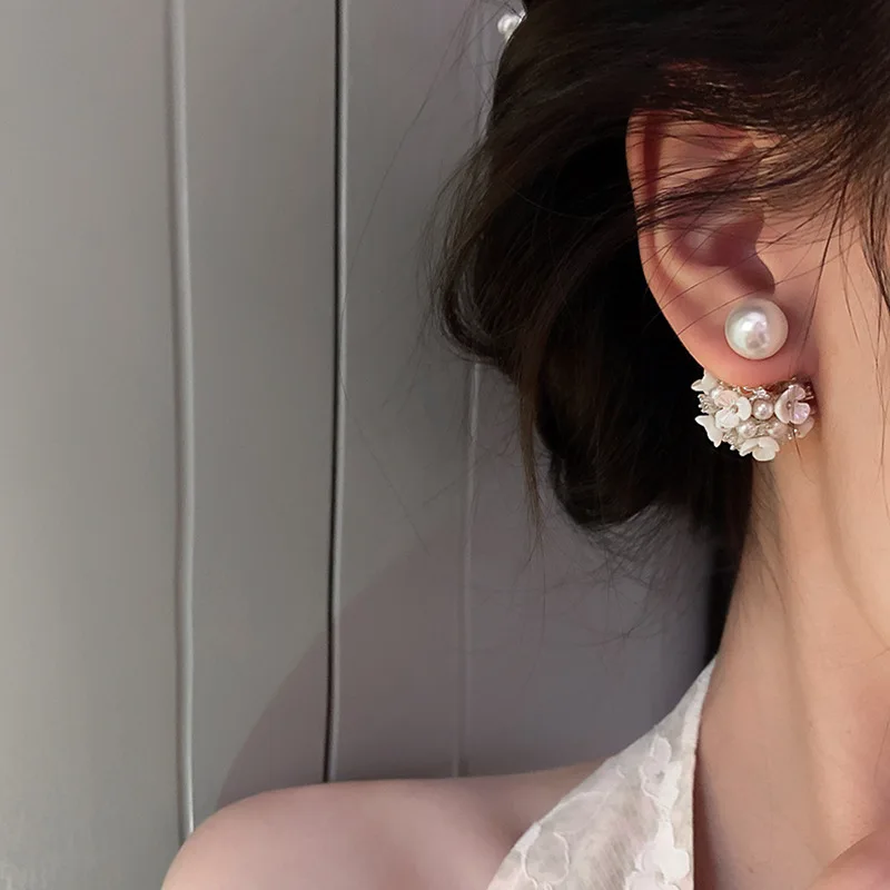 Elegant Imitation Pearl Earrings Women Double Side White Shell Pearl Stud Earrings Exquisite Ear Jewelry For Party Banquet A-