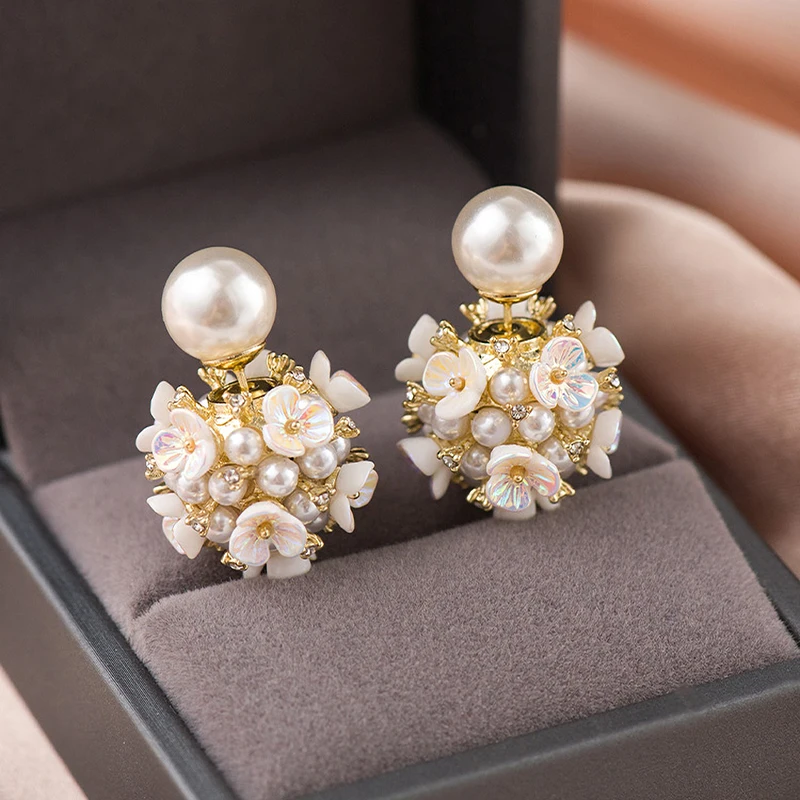 Elegant Imitation Pearl Earrings Women Double Side White Shell Pearl Stud Earrings Exquisite Ear Jewelry For Party Banquet A-