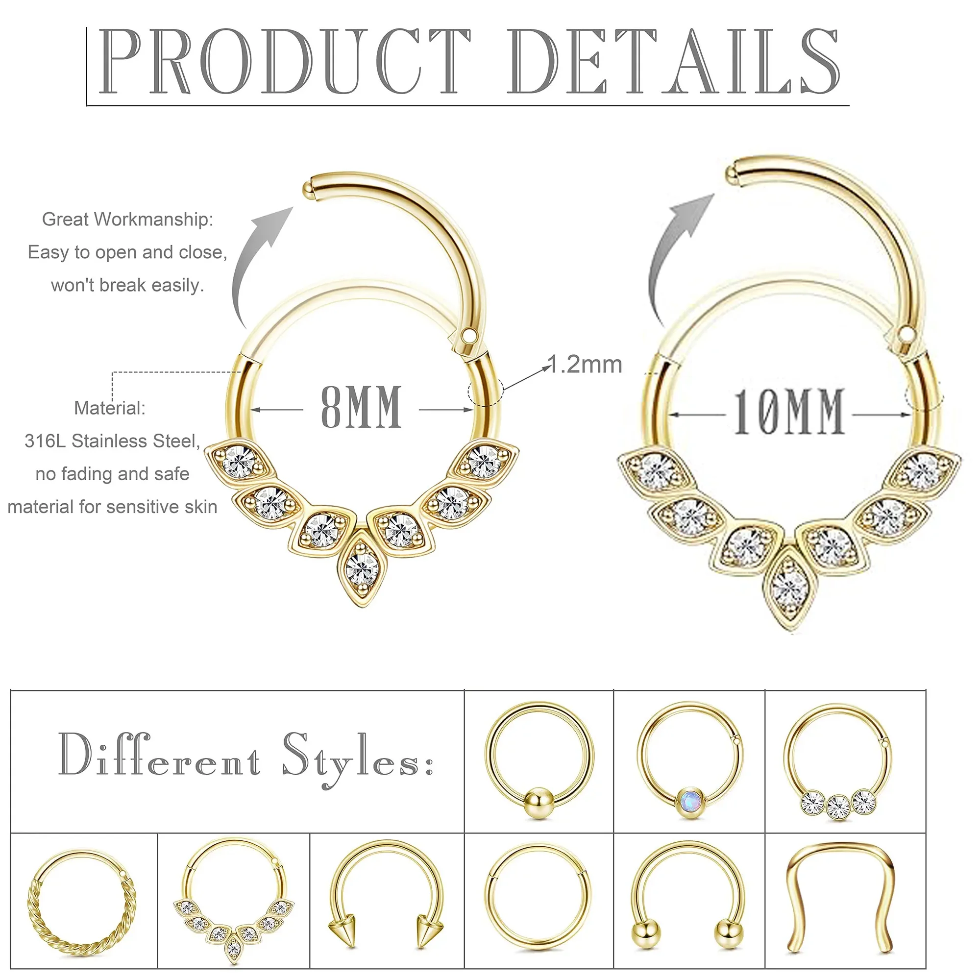 Drperfect 16G Septum Ring Jewelry Earrings Stainless Steel Hoop Nose Rings for Women Helix Tragus Lip Cartilage Septum Piercing