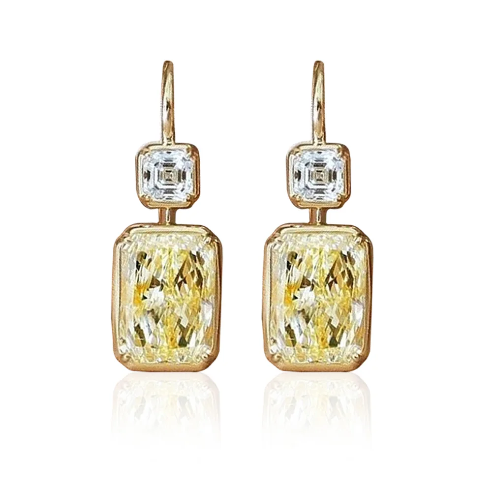 Huitan Simple Stylish Square Yellow Cubic Zirconia Hook Earrings Luxury Gold Color Women's Wedding Drop Earrings Fashion Jewelry