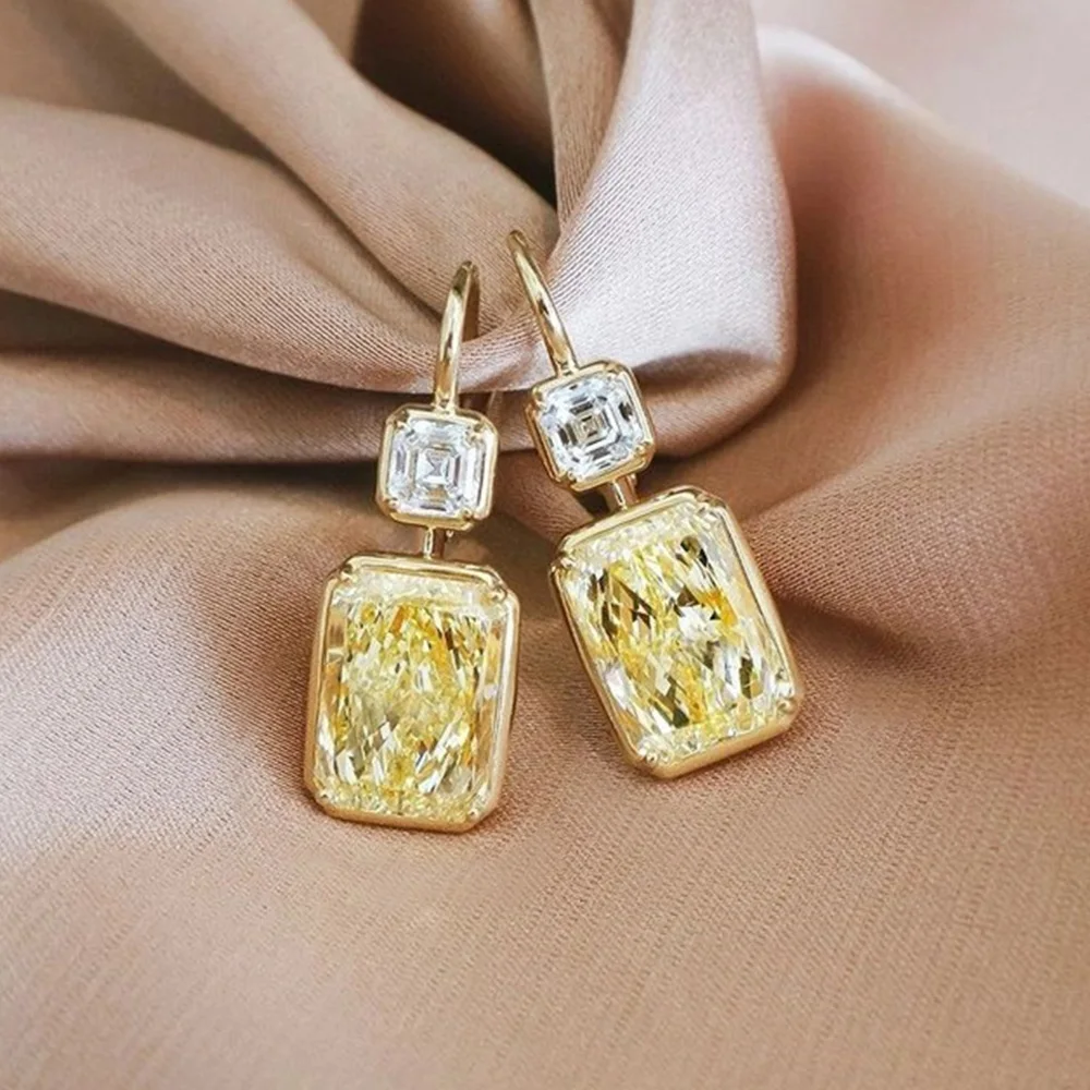 Huitan Simple Stylish Square Yellow Cubic Zirconia Hook Earrings Luxury Gold Color Women's Wedding Drop Earrings Fashion Jewelry