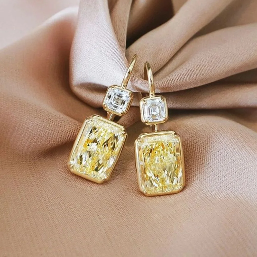Huitan Simple Stylish Square Yellow Cubic Zirconia Hook Earrings Luxury Gold Color Women's Wedding Drop Earrings Fashion Jewelry