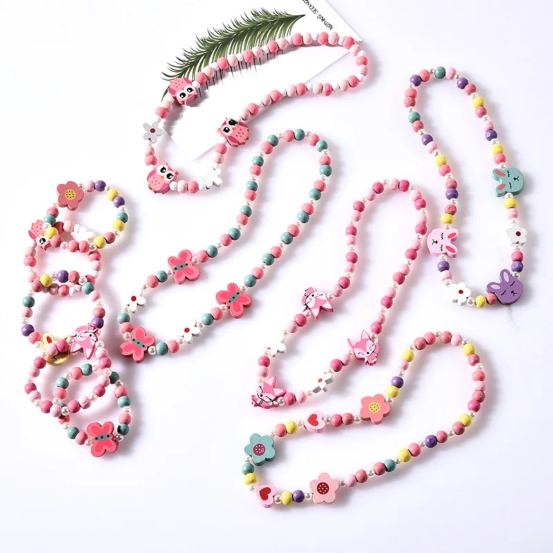 2pcs/Set Fashion Natural Wood Beads Jewelry Cute Animal Pattern Necklace Bracelet For Children Party Jewelry Girl Birthday Gift
