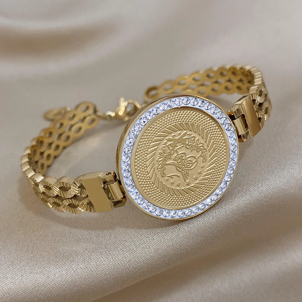 DODOHAO Stainless Steel Fashion Portrait Coin Wide Bracelets Bangles Exquisite 18K Gold Plated Women's Jewelry Cuff Bracelet