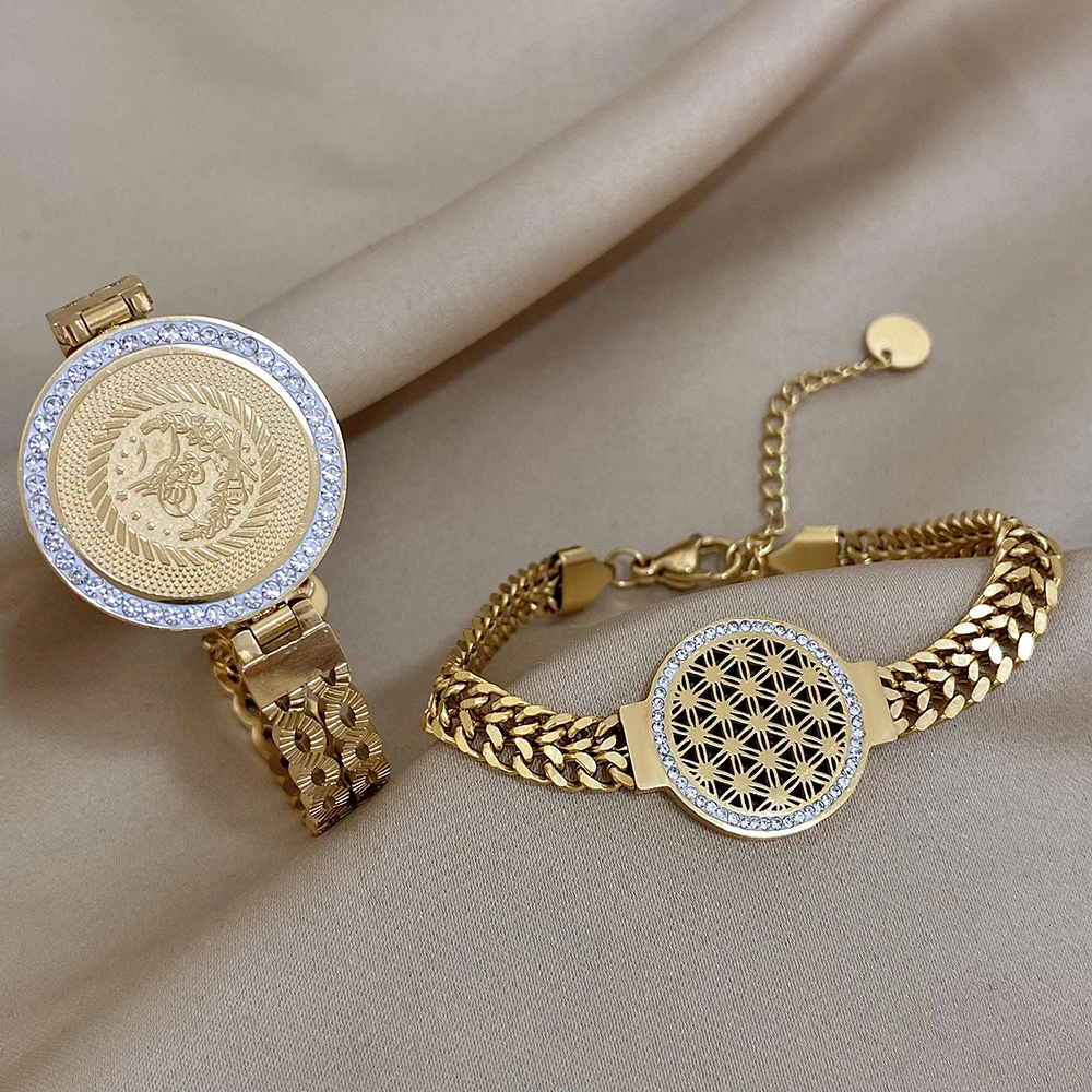 DODOHAO Stainless Steel Fashion Portrait Coin Wide Bracelets Bangles Exquisite 18K Gold Plated Women's Jewelry Cuff Bracelet