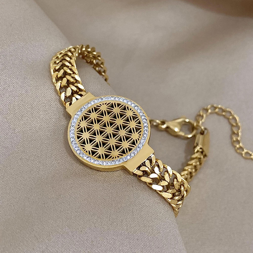 DODOHAO Stainless Steel Fashion Portrait Coin Wide Bracelets Bangles Exquisite 18K Gold Plated Women's Jewelry Cuff Bracelet
