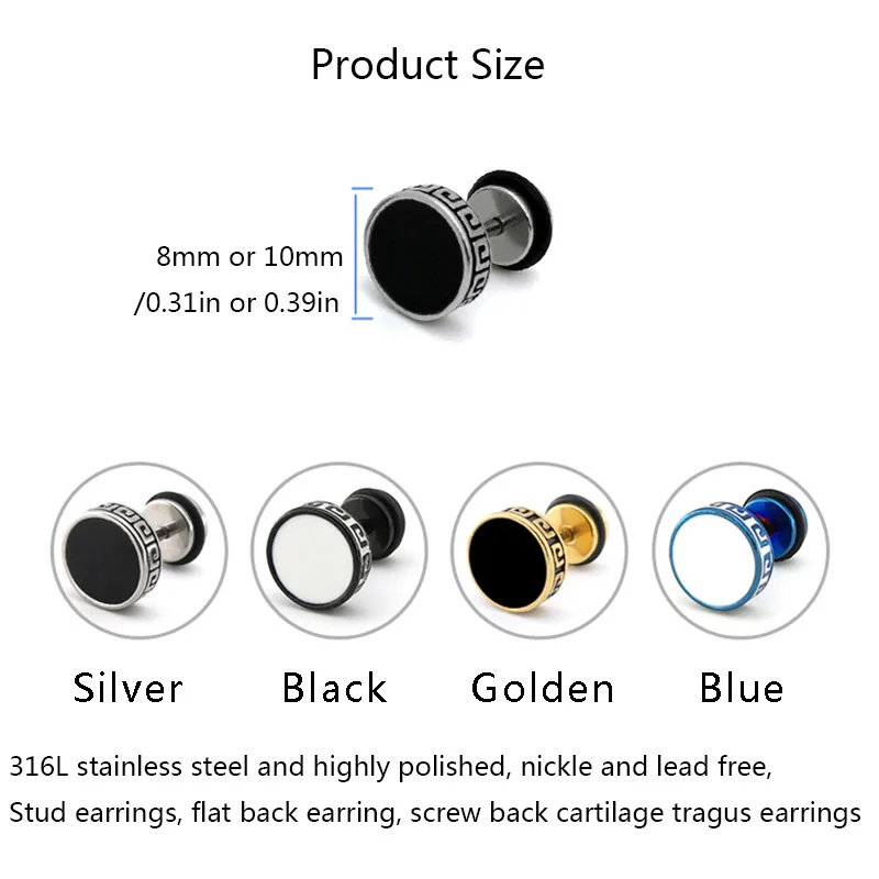 1Pair Vintage Flat Back Stud Earrings for Men Women, Unisex 316L Stainless Steel Screw Back Cartilage Tragus Piercing Jewelry
