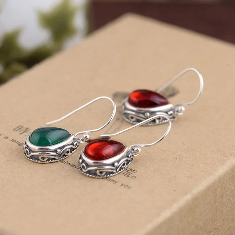 Huitan Green/Red Pear Stone Drop Earrings for Women Ethnic Style Aesthetic Carved Pattern Temperament Lady's Earrings Jewelry