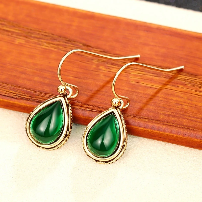Huitan Green/Red Pear Stone Drop Earrings for Women Ethnic Style Aesthetic Carved Pattern Temperament Lady's Earrings Jewelry