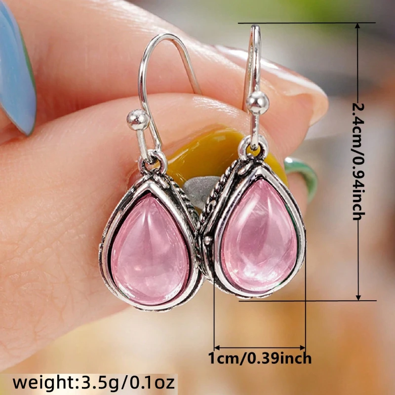 Huitan Green/Red Pear Stone Drop Earrings for Women Ethnic Style Aesthetic Carved Pattern Temperament Lady's Earrings Jewelry