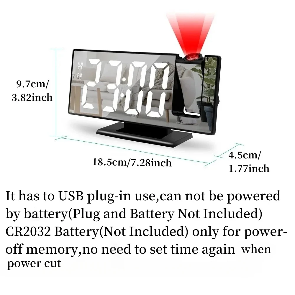 180° Arm Projection Alarm Clock Time Temperature USB Plug-in Digital Alarm Clock Snooze Table Clock 12/24H Projector LED Clock