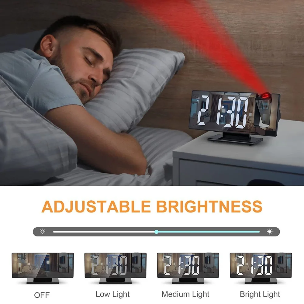 180° Arm Projection Alarm Clock Time Temperature USB Plug-in Digital Alarm Clock Snooze Table Clock 12/24H Projector LED Clock