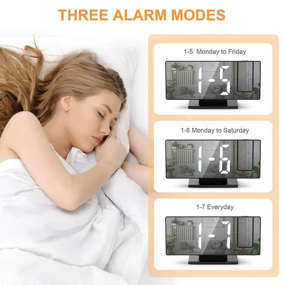 180° Arm Projection Alarm Clock Time Temperature USB Plug-in Digital Alarm Clock Snooze Table Clock 12/24H Projector LED Clock