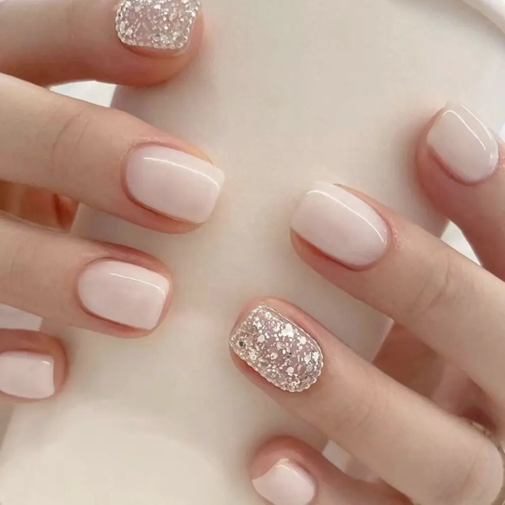24pcs Purple Square False Nails Glitter Crystal Short French Fake Nails Full Cover Press on Nails Faux Fingernails Nail Tips
