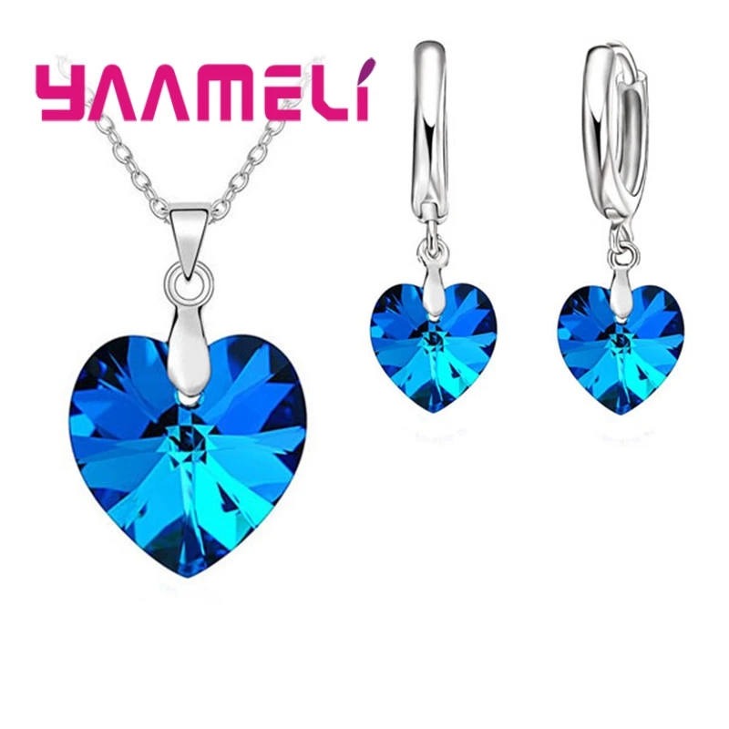 Love Heart Shape Women 925 Sterling Silver Color Bridal Jewelry Set For Wedding Fashion Crystal Pendants Necklaces Earring Set