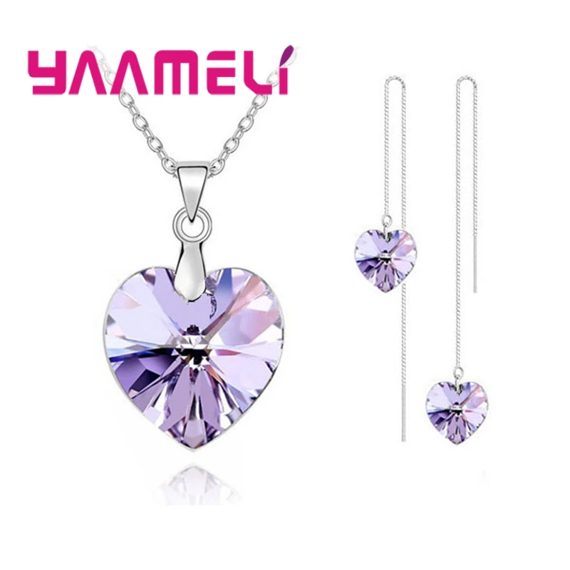 Love Heart Shape Women 925 Sterling Silver Color Bridal Jewelry Set For Wedding Fashion Crystal Pendants Necklaces Earring Set