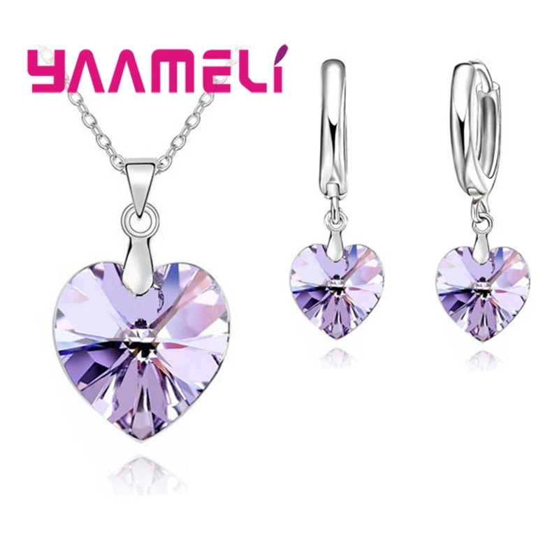 Love Heart Shape Women 925 Sterling Silver Color Bridal Jewelry Set For Wedding Fashion Crystal Pendants Necklaces Earring Set