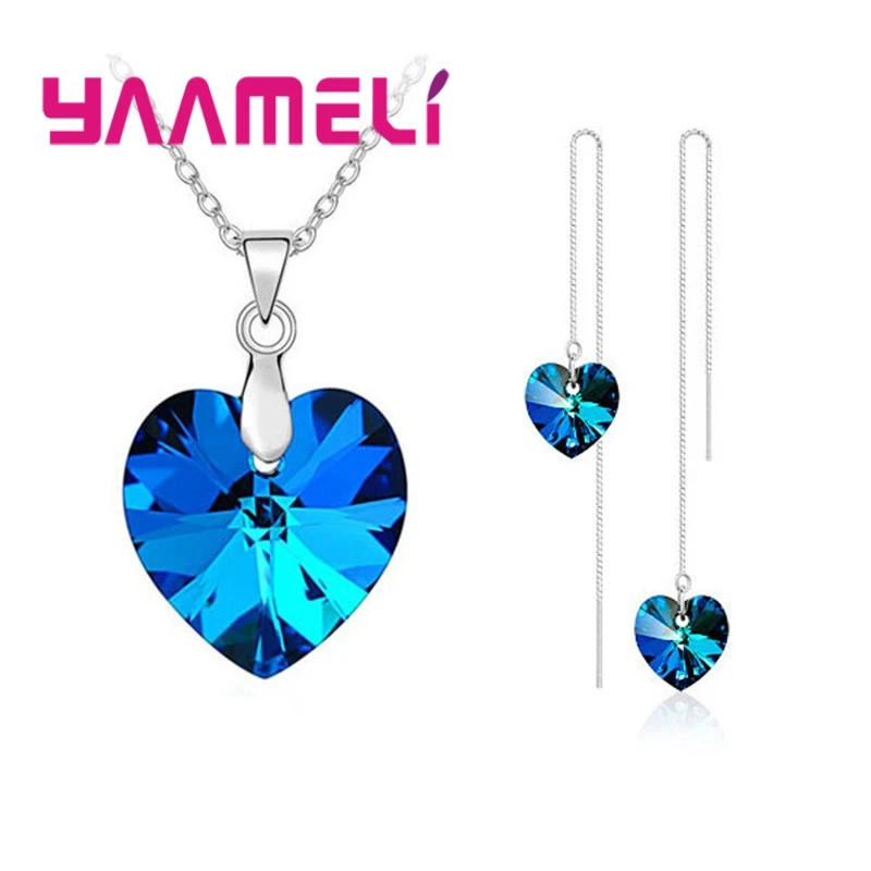 Love Heart Shape Women 925 Sterling Silver Color Bridal Jewelry Set For Wedding Fashion Crystal Pendants Necklaces Earring Set