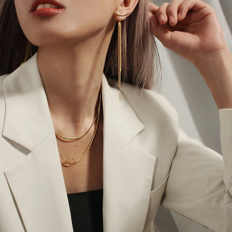 Fashion Stainless Steel Gold Color Long Tassel Earrings for Women Simple Geometric Unique Korean Earrings Wedding Jewelry Gifts