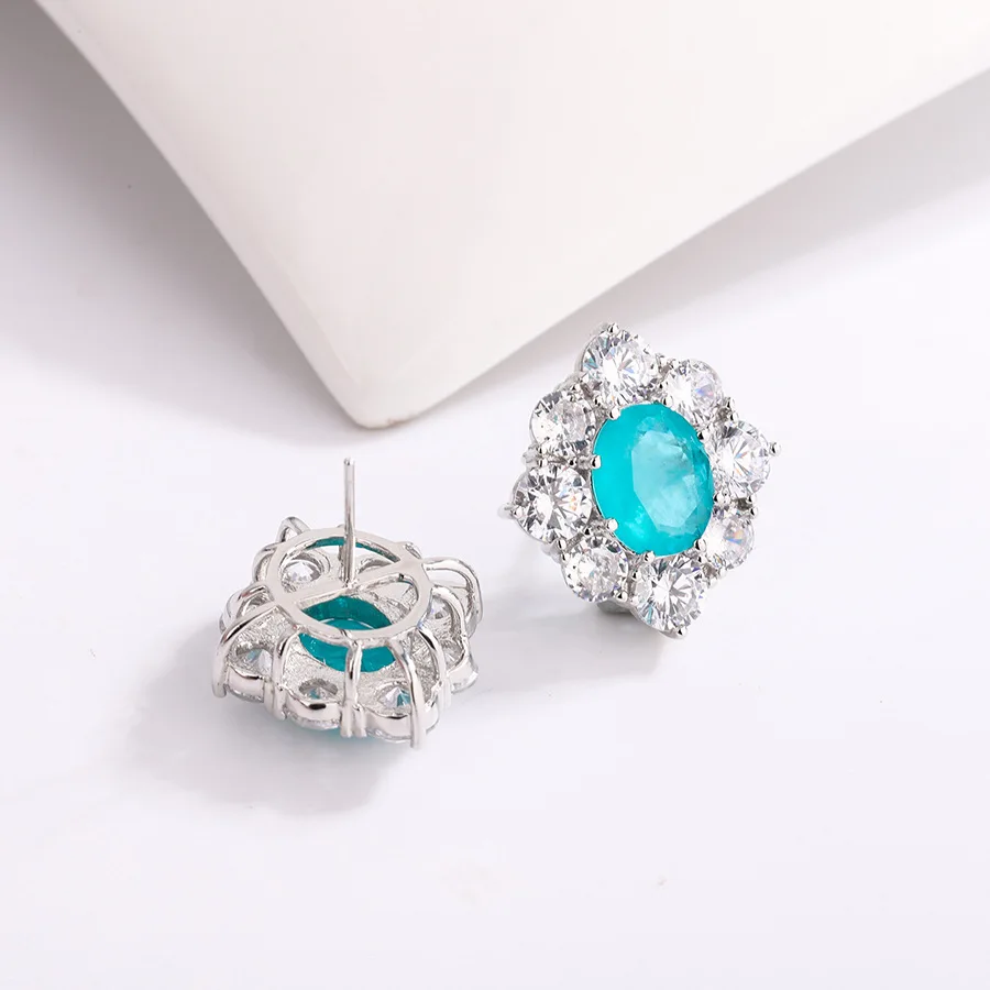 925 Sterling Silver 10mm Round Paraiba Tourmaline Gemstone Stud Earrings for Women Fashion Party Anniversary Jewelry Gift