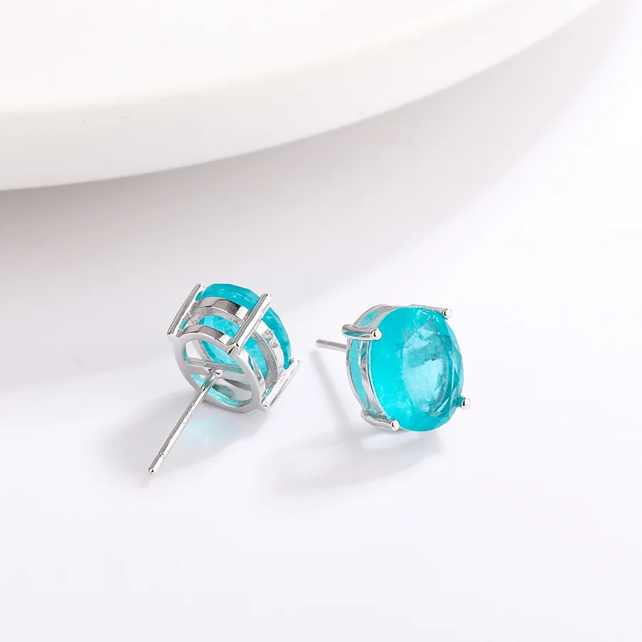 925 Sterling Silver 10mm Round Paraiba Tourmaline Gemstone Stud Earrings for Women Fashion Party Anniversary Jewelry Gift