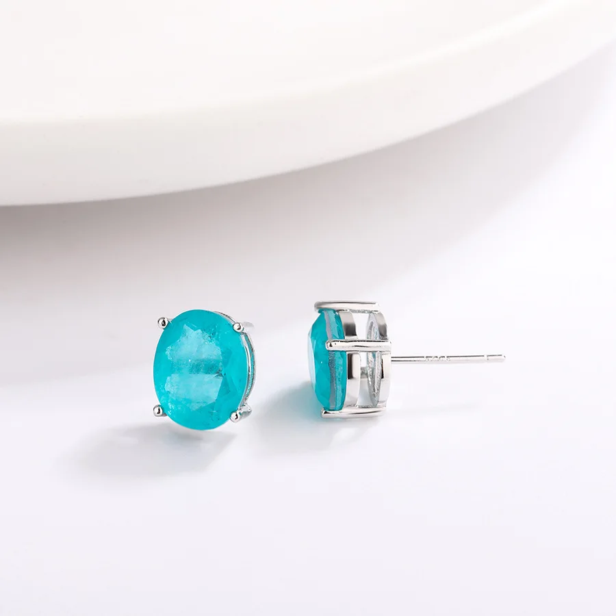 925 Sterling Silver 10mm Round Paraiba Tourmaline Gemstone Stud Earrings for Women Fashion Party Anniversary Jewelry Gift