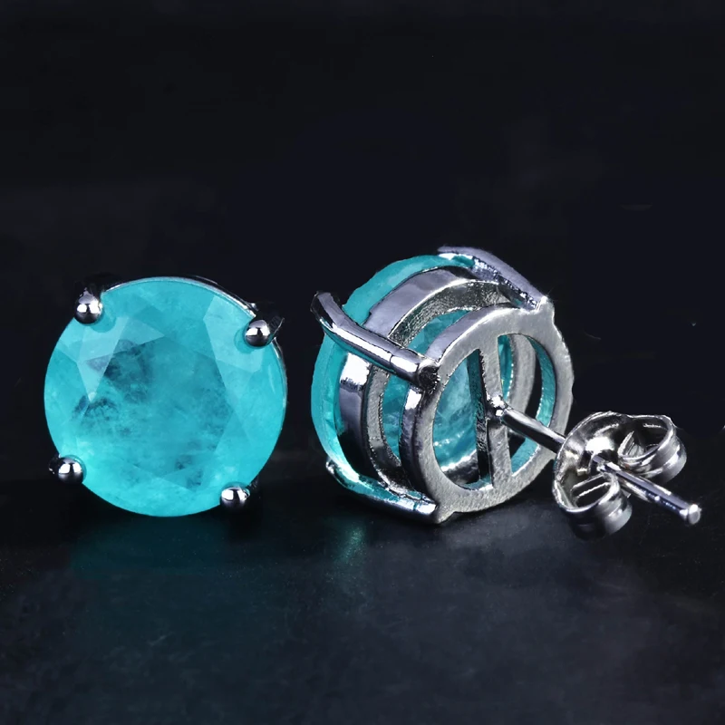 925 Sterling Silver 10mm Round Paraiba Tourmaline Gemstone Stud Earrings for Women Fashion Party Anniversary Jewelry Gift