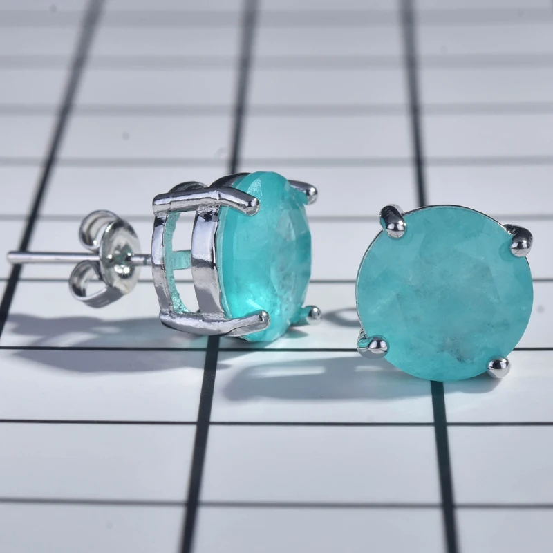 925 Sterling Silver 10mm Round Paraiba Tourmaline Gemstone Stud Earrings for Women Fashion Party Anniversary Jewelry Gift