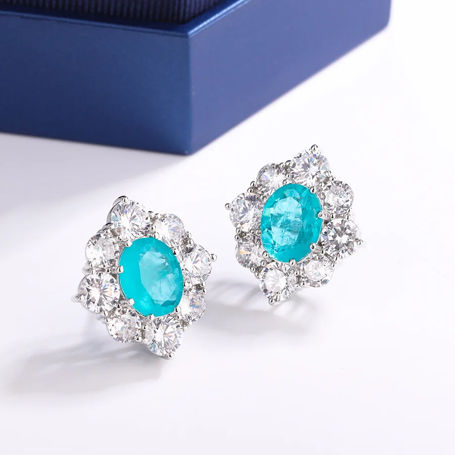 925 Sterling Silver 10mm Round Paraiba Tourmaline Gemstone Stud Earrings for Women Fashion Party Anniversary Jewelry Gift