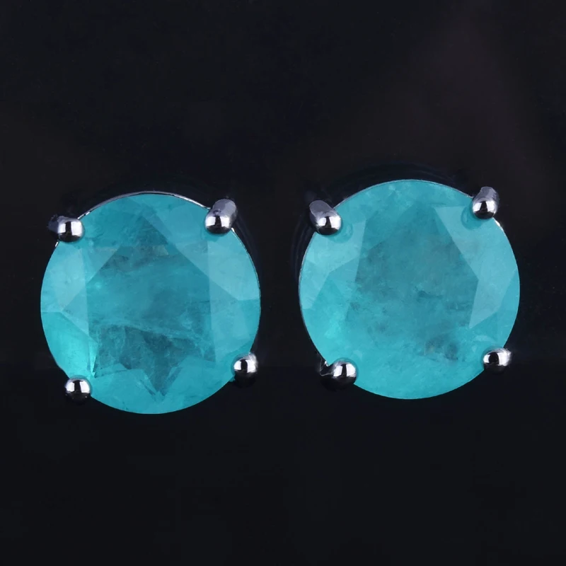 925 Sterling Silver 10mm Round Paraiba Tourmaline Gemstone Stud Earrings for Women Fashion Party Anniversary Jewelry Gift