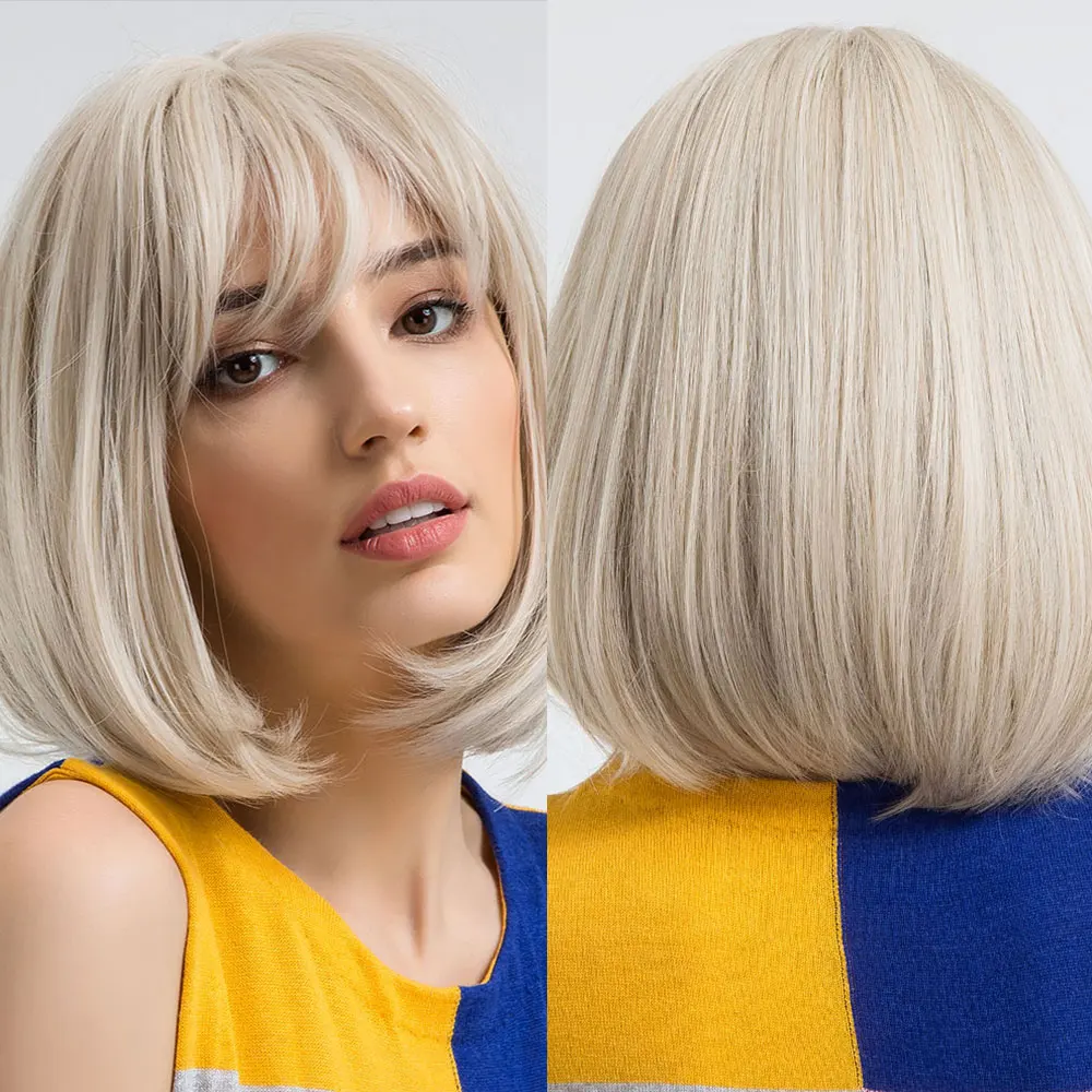 Short Bob Platinum Blonde Wig with Bangs Synthetic Natural Straight Blonde Wig for White Women Party Daily Heat Resistant Hair