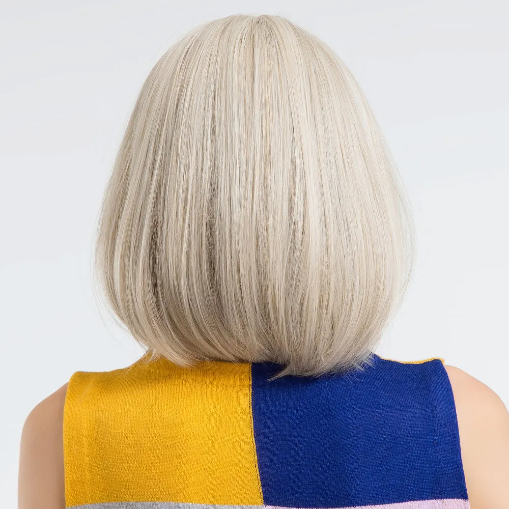 Short Bob Platinum Blonde Wig with Bangs Synthetic Natural Straight Blonde Wig for White Women Party Daily Heat Resistant Hair