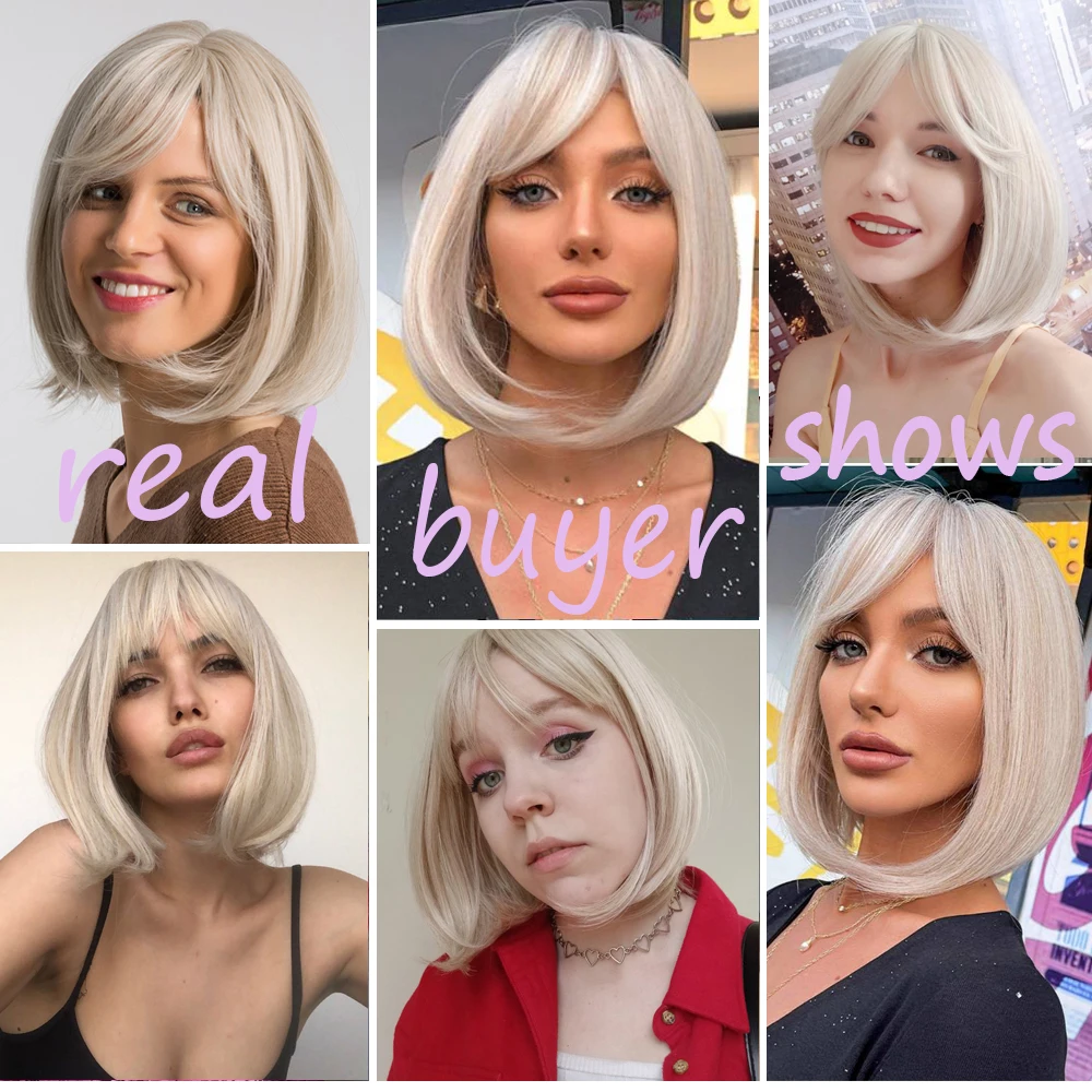Short Bob Platinum Blonde Wig with Bangs Synthetic Natural Straight Blonde Wig for White Women Party Daily Heat Resistant Hair