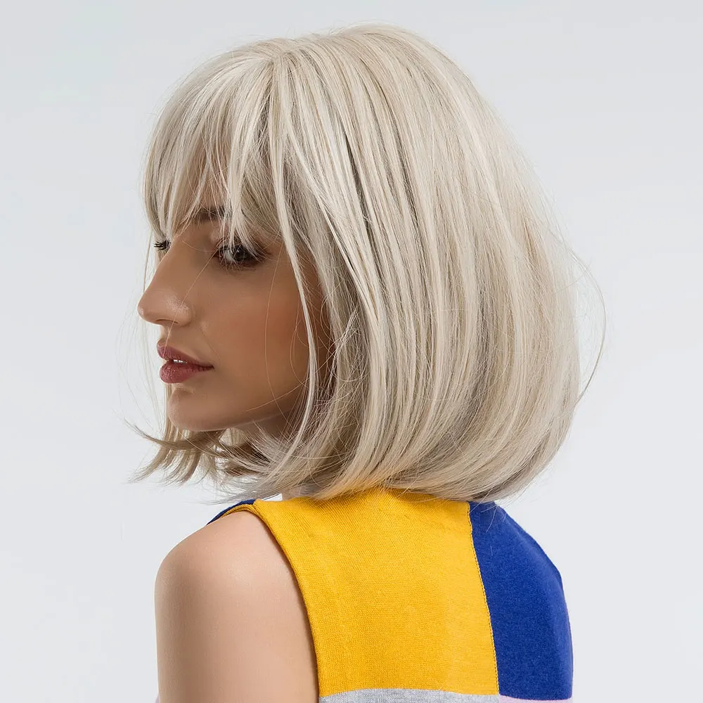 Short Bob Platinum Blonde Wig with Bangs Synthetic Natural Straight Blonde Wig for White Women Party Daily Heat Resistant Hair