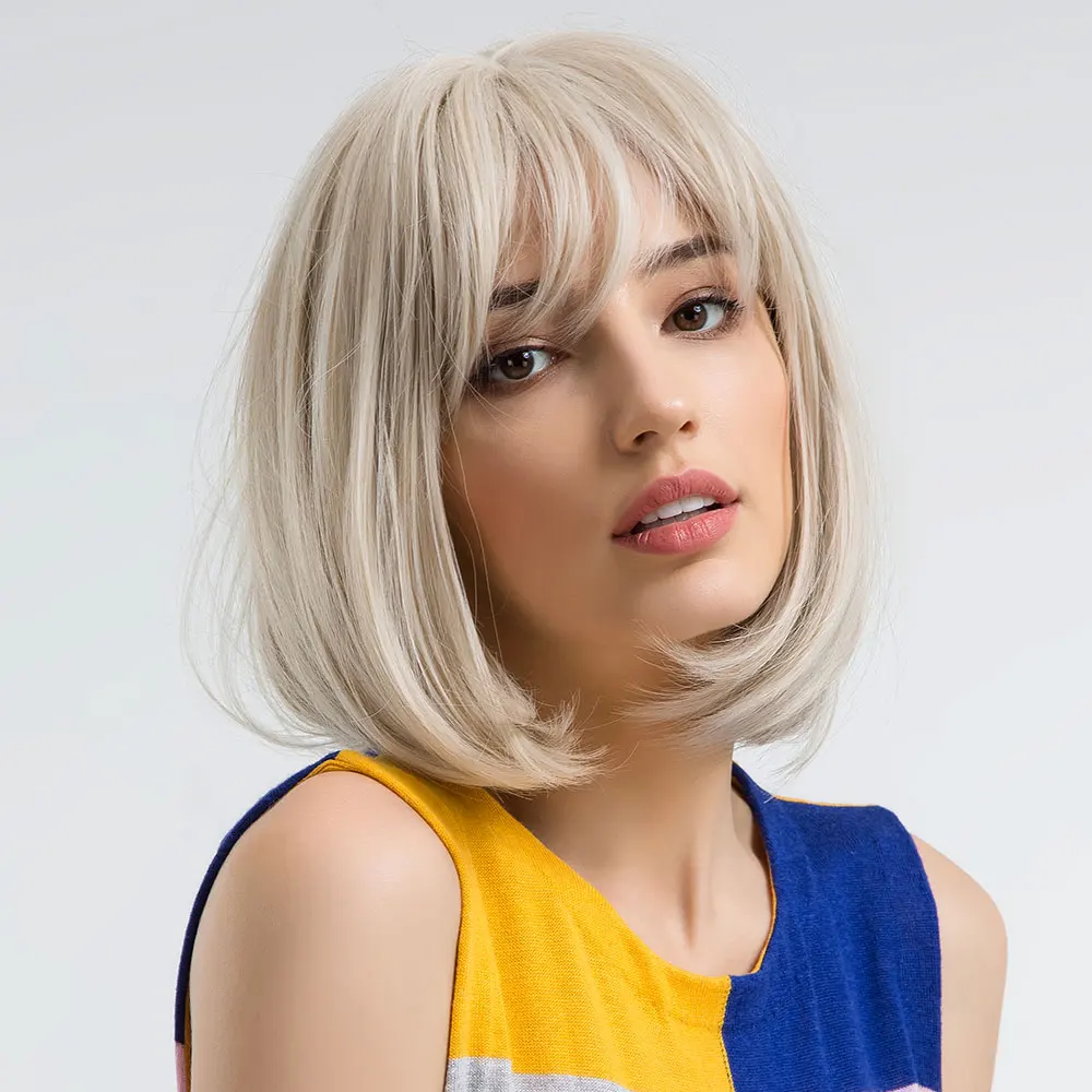 Short Bob Platinum Blonde Wig with Bangs Synthetic Natural Straight Blonde Wig for White Women Party Daily Heat Resistant Hair
