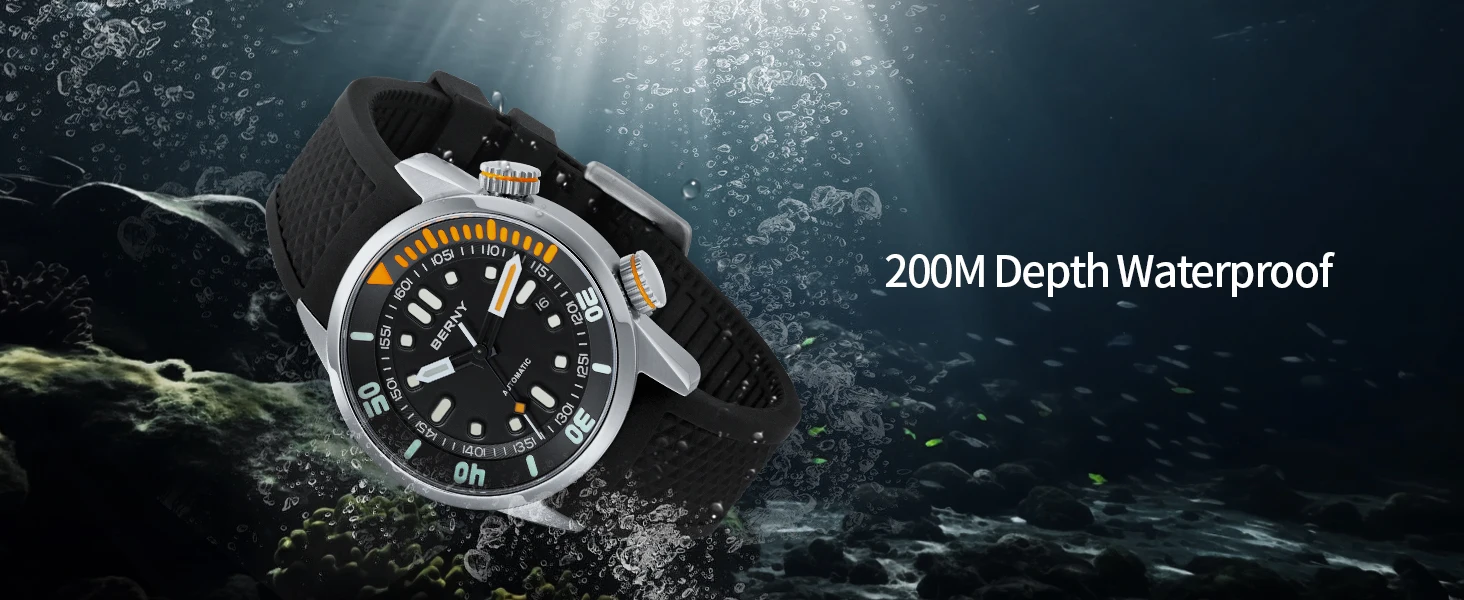 BERNY 20Bar Diver Men Mechanical Watch Miyota 8215 Super Luminous Sapphire Swiming Automatic Self Wind Silicone Men Wristwatch