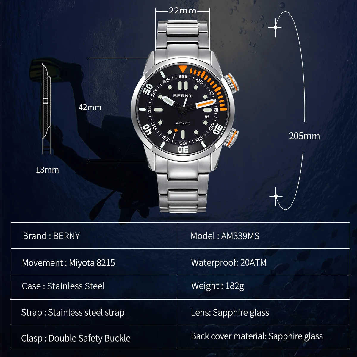 BERNY 20Bar Diver Men Mechanical Watch Miyota 8215 Super Luminous Sapphire Swiming Automatic Self Wind Silicone Men Wristwatch
