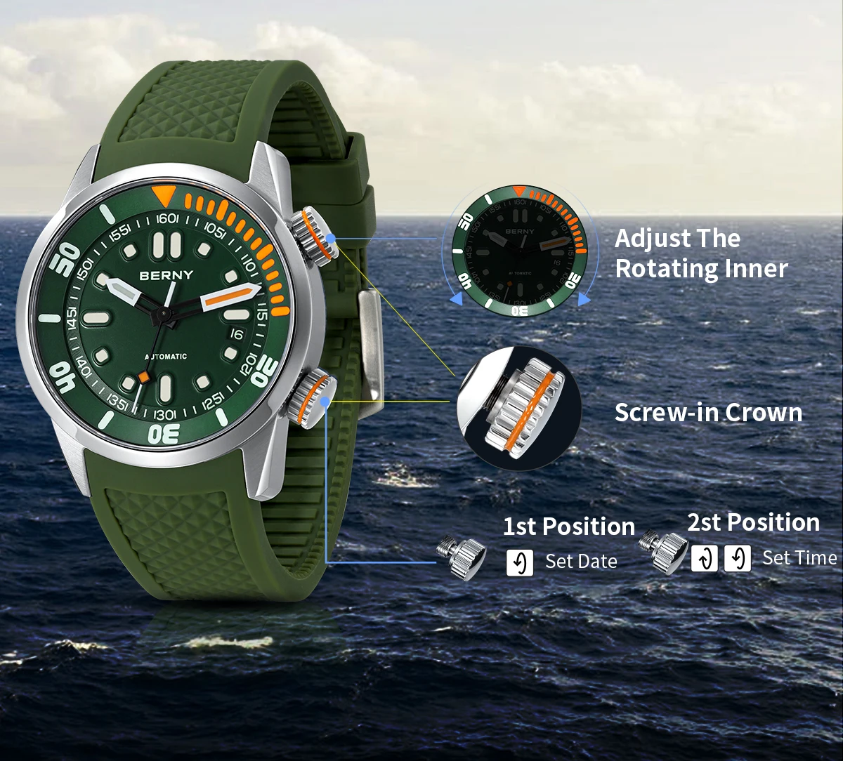 BERNY 20Bar Diver Men Mechanical Watch Miyota 8215 Super Luminous Sapphire Swiming Automatic Self Wind Silicone Men Wristwatch