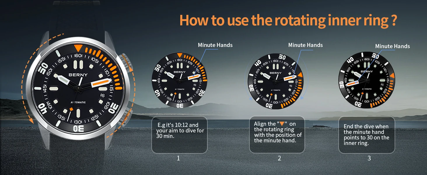 BERNY 20Bar Diver Men Mechanical Watch Miyota 8215 Super Luminous Sapphire Swiming Automatic Self Wind Silicone Men Wristwatch