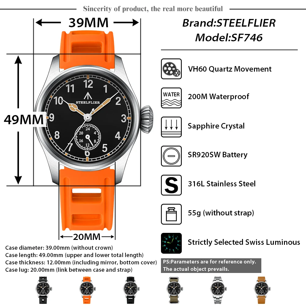 STEELFLIER Official SF746 Quartz Wristwatch VH60 Mute Movement 4 Pointers Swiss BGW9 C3 Luminous Fashion 200M Waterproof Watch