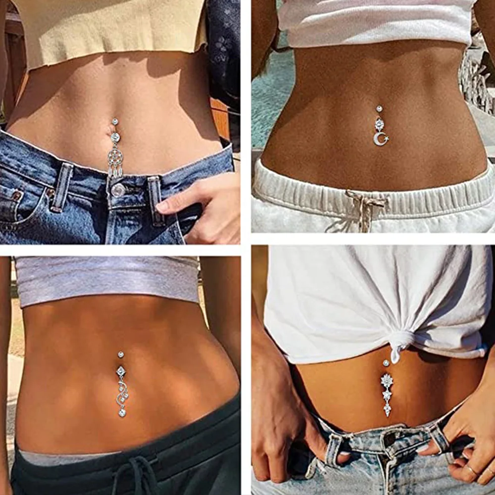 Butterfly-bow Dangled Navel Ring Piercing 14G Flower Heart Crystal CZs Belly Button Ring for Women Stainless Steel Belly Jewelry