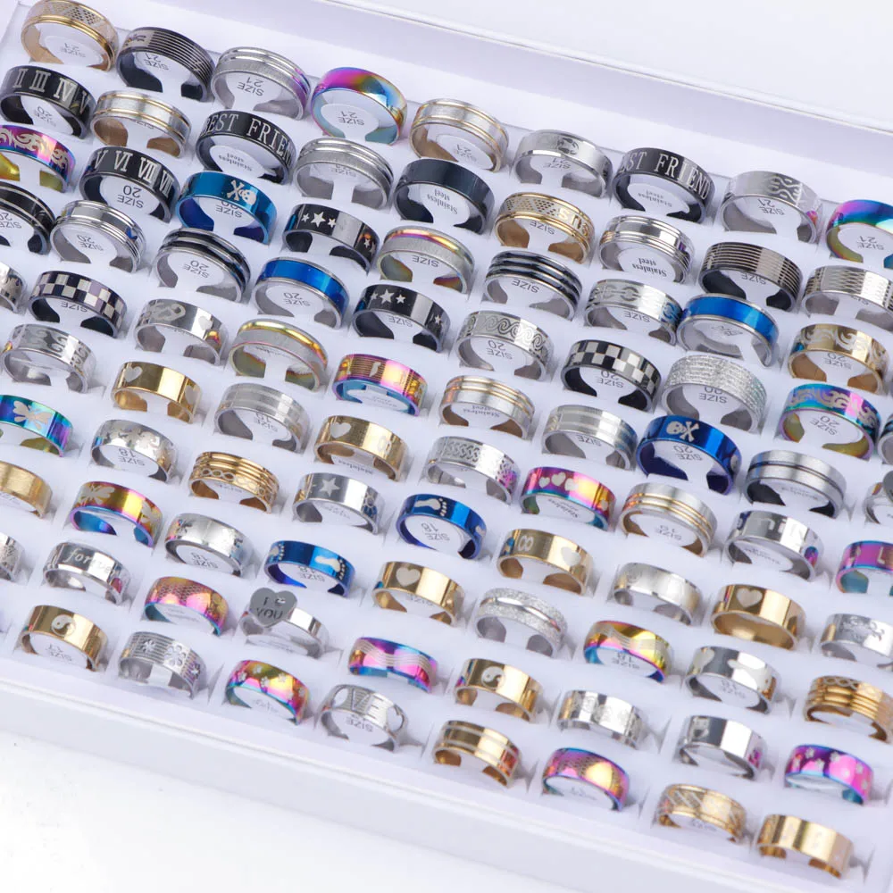 10/20/30/50Pcs Classic Fashion Stripe Hollow Colorful Sticker Stainless Steel Ring Trend Women Jewelry Party Decoration Gift
