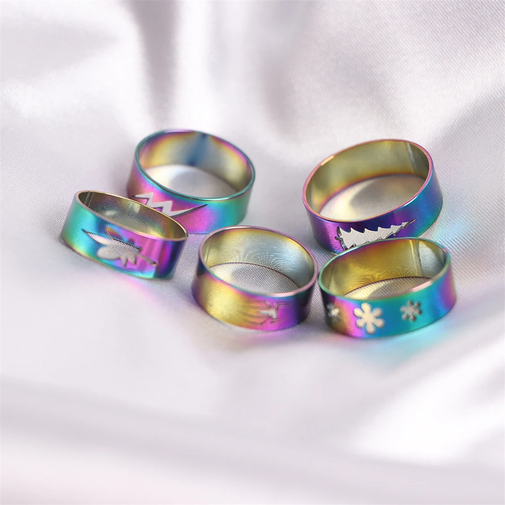 10/20/30/50Pcs Classic Fashion Stripe Hollow Colorful Sticker Stainless Steel Ring Trend Women Jewelry Party Decoration Gift