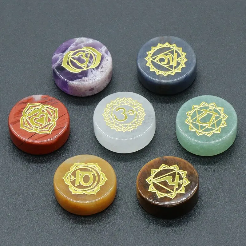 7pcs/Pack Round Shaped 7 Chakra Natural Stone Ornament Amethyst Quartz Energy Engraved Symbols Reiki Divination Healing 16-18mm