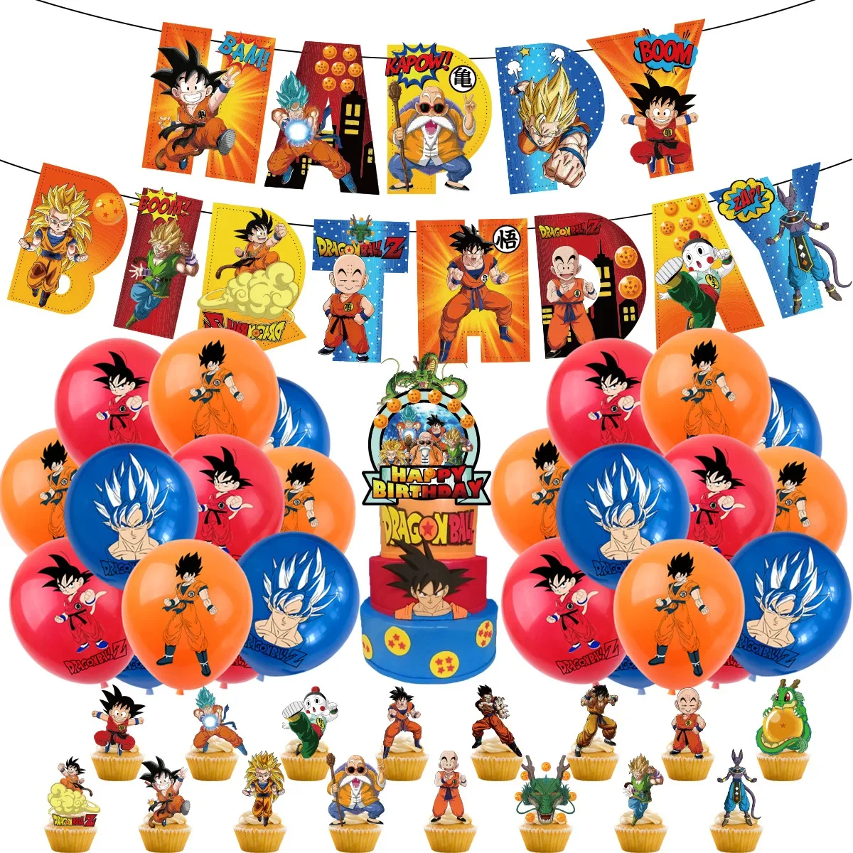 Dragon Ball Z Birthday Party Decoration Anime Tableware Invitation Cards Banner Backdrop Poster Cake Topper Number Balloon Set