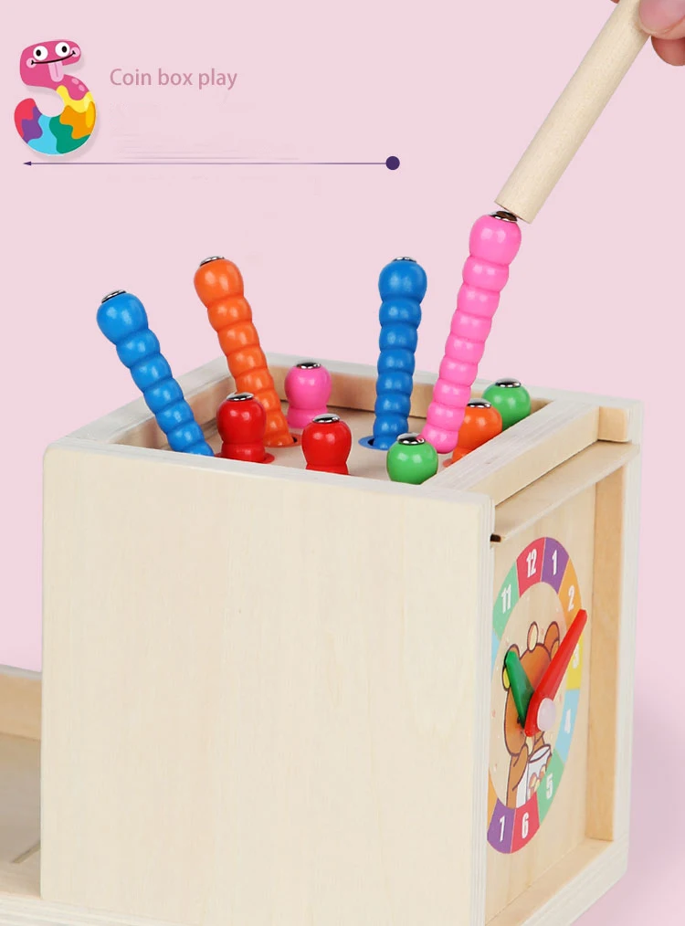 6-in-1 Wooden Montessori Toy Play Kit Object Permanence Box Play Set with Coin Box Carrot Harvest Shape Sorter Ball Drop Toy