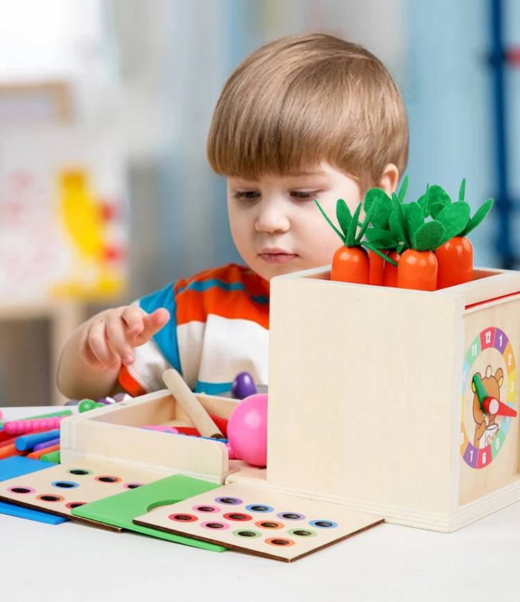6-in-1 Wooden Montessori Toy Play Kit Object Permanence Box Play Set with Coin Box Carrot Harvest Shape Sorter Ball Drop Toy